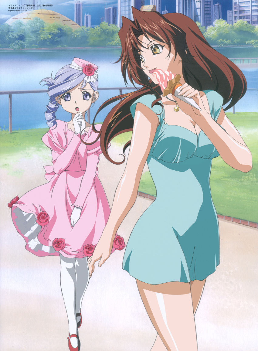 00s, 2girls, absurdres, animaga, blue_skirt, eclair_(kiddy_grade), food, highres