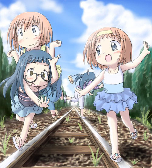 3:, 4girls, :d, asatte_no_houkou, dual_persona, glasses, iokawa_karada, kinutani_kanata