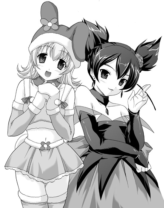 2girls, kuromi, kurumi_nui, map_(artist), map_(blue_catty), monochrome, multiple_girls, my_melody, onegai_my_melody, personification, thigh-highs