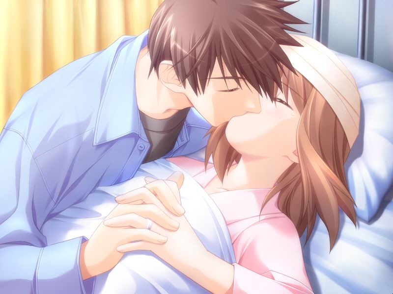 1boy, 1girl, bandage, bed, brown_hair, closed_eyes, couple, game_cg, hand_holding, hetero, hospital, hospital_bed, kiss, komorebi_no_namikimichi, lying, nakazato_kouichi, yukizakura_himeno, yuuki_mitsuru