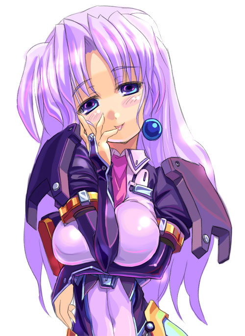 armor, blush, bodysuit, breast_squeeze, breasts, earrings, huge_breasts, jewelry