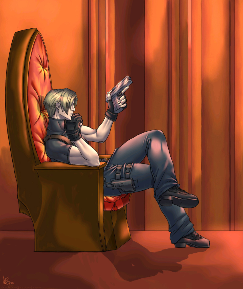 1boy, blonde_hair, capcom, chair, fingerless_gloves, gloves, gun, handgun