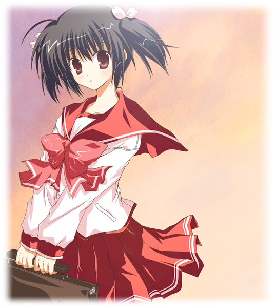 1girl, :o, ahoge, artist_request, bag, black_hair, blush, bow
