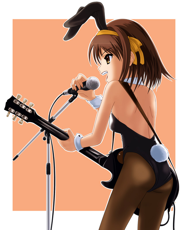 animal_ears, brown_hair, bunny_girl, bunnysuit, god_knows, guitar, instrument, pantyhose