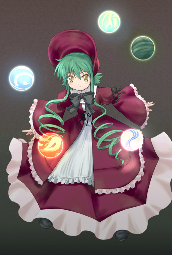 1girl, bonnet, dress, energy_ball, female, green_hair, haniwa, haniwa_(leaf_garden)