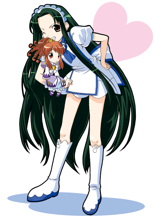 2girls, asahina_mikuru, boots, child, crossover, fushigiboshi_no_futago_hime, gotou_yuuko, long_hair, multiple_girls, ojamajo_doremi, seiyuu_connection, senoo_aiko, senoo_aiko_(cosplay), suzumiya_haruhi_no_yuuutsu, tsuruya, very_long_hair, yuuma_(artist), yuuma_(skirthike)