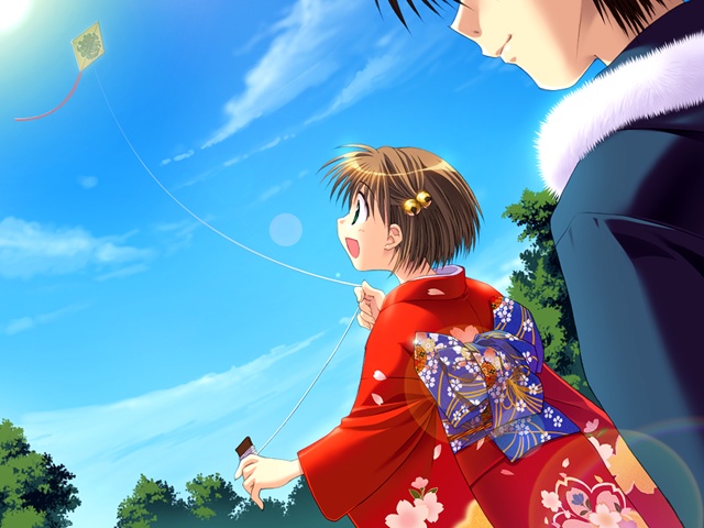 1boy, 1girl, bell, black_hair, brown_hair, clouds, couple, dutch_angle