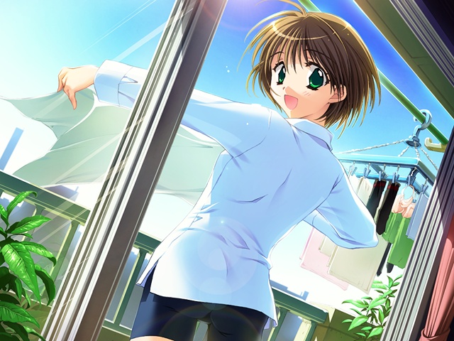 1girl, ass, balcony, bike_shorts, brown_hair, clothesline, dutch_angle, game_cg