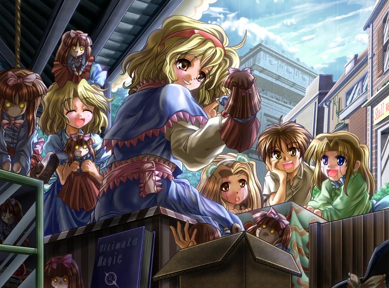 1boy, 4girls, alice_margatroid, alice_margatroid_(pc-98), amamizu_(myofuu_kai), ass, blonde_hair, blue_eyes