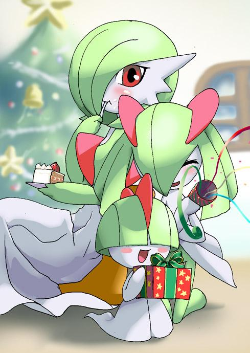 azuma_doguu, bell, blurry, blush, blush_stickers, box, cake, christmas, christmas_ornaments, christmas_tree, closed_eyes, depth_of_field, eating, food, fruit, gardevoir, gift, gift_box, green_hair, jpeg_artifacts, kirlia, nintendo, no_humans, open_mouth, party_popper, pastry, plate, pokemon, ralts, red_eyes, ribbon, slice_of_cake, star, strawberry, strawberry_shortcake