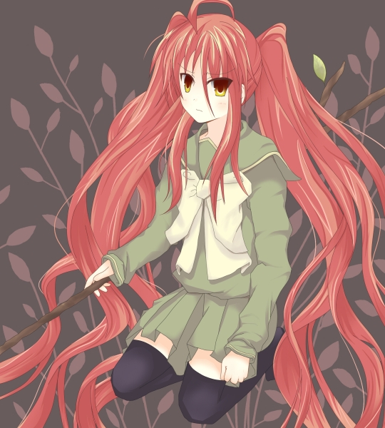 long_hair, red_hair, redhead, school_uniform, shakugan_no_shana, shana, stick, thigh-highs