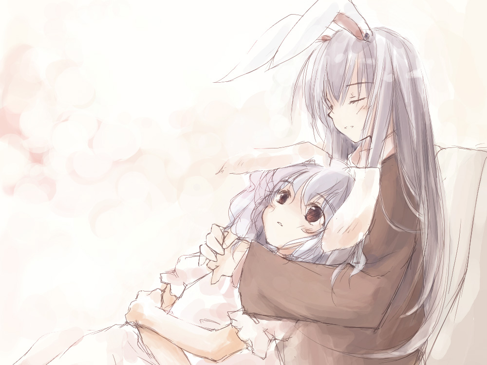 2girls, animal_ears, bangs, black_eyes, blazer, closed_eyes, female, hug