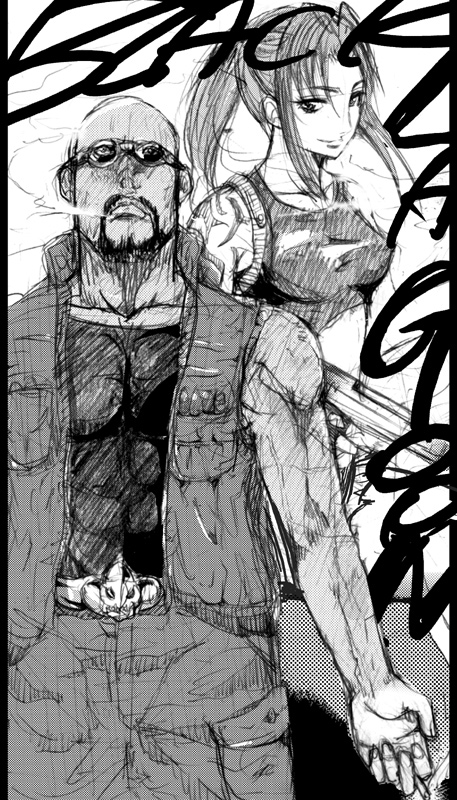 1boy, 1girl, bald, bangs, belt, black_lagoon, breasts, cigarette, collarbone, dark_skin, dutch_(black_lagoon), facial_hair, fingerless_gloves, glasses, gloves, gun, kokeshi_men, long_hair, looking_at_viewer, monochrome, muscle, ponytail, revy_(black_lagoon), sketch, smile, tank_top, tattoo, weapon