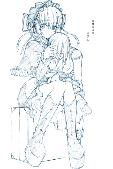 1girl, aq_interactive, arcana_heart, atlus, boots, doll, elfriede_(arcana_heart), examu, graphite_(medium), lieselotte_achenbach, luna_lia, monochrome, sitting, sketch, solo, suitcase, traditional_media