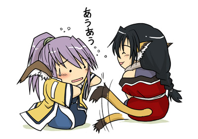 2girls, animal_ears, blush, chibi, head_wings, karura_(utawareru_mono), kurotani_kyoukutsu, long_hair