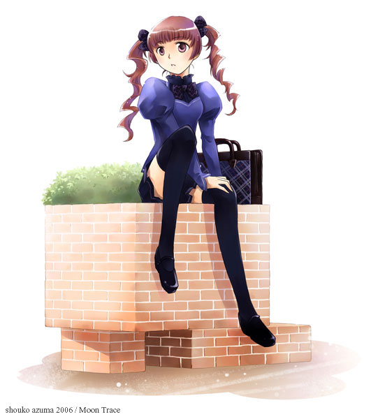 00s, 1girl, 2006, artist_name, azuma_shouko, black_legwear, brown_hair, drill_hair