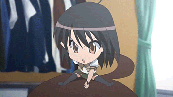 1girl, animated, animated_gif, black_hair, chibi, chibi_on_head, hair_pull, lowres