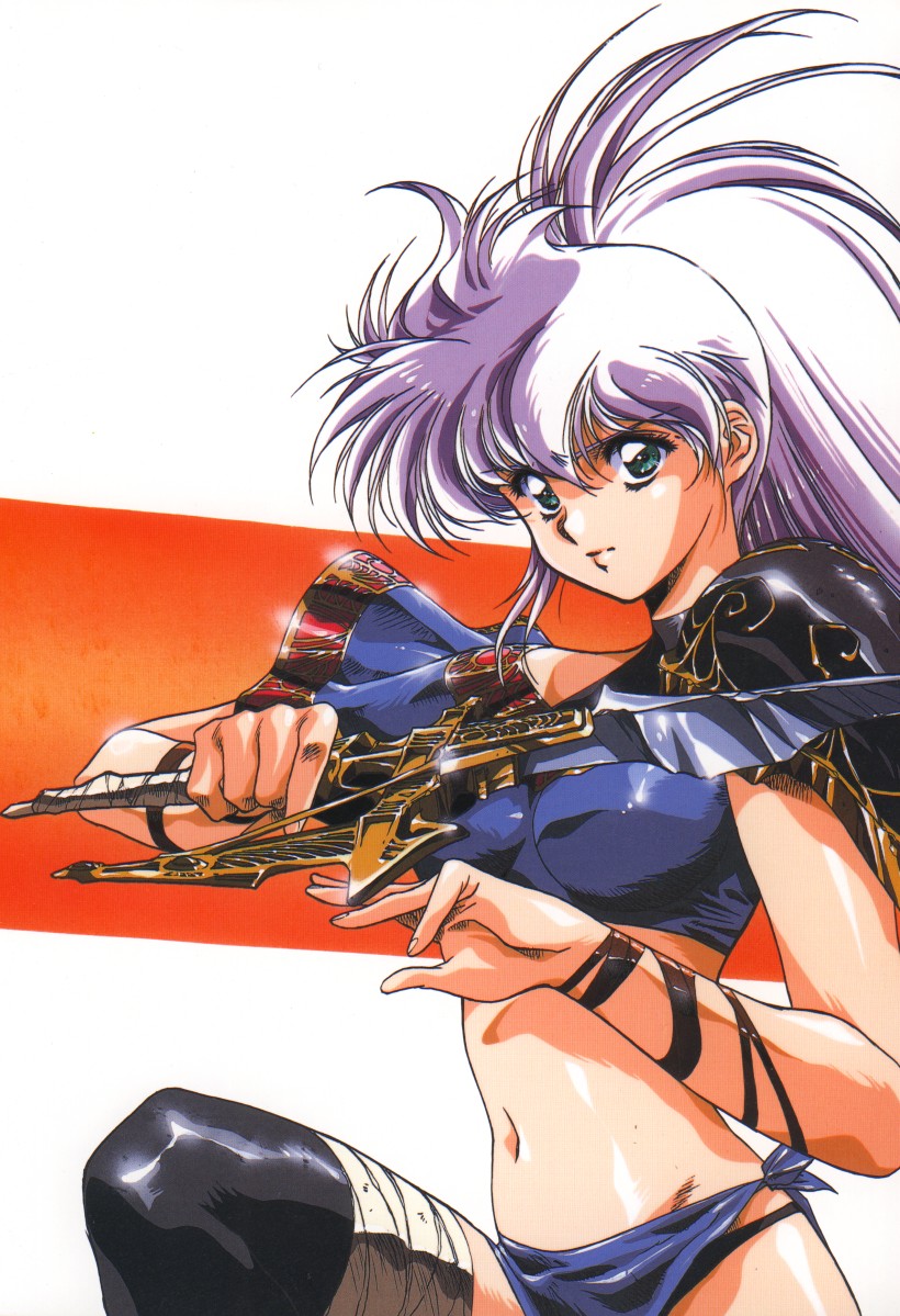 90s, armor, black_panties, green_eyes, lavender_hair, legend_of_lemnear, lemnear, long_hair
