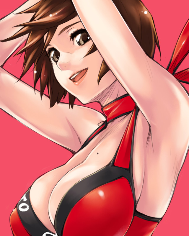 1girl, armpits, breasts, brown_eyes, brown_hair, cleavage, hinomoto_reiko, mole