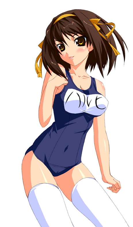 1girl, brown_hair, kuon_(break_through), kyuuen, name_tag, one-piece_swimsuit, school_swimsuit, short_hair