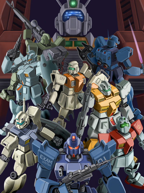 beam_rifle, blue_destiny_01, crossover, densetsu_kyojin_ideon, dorasu, energy_sword, gm_(mobile_suit), gm_custom