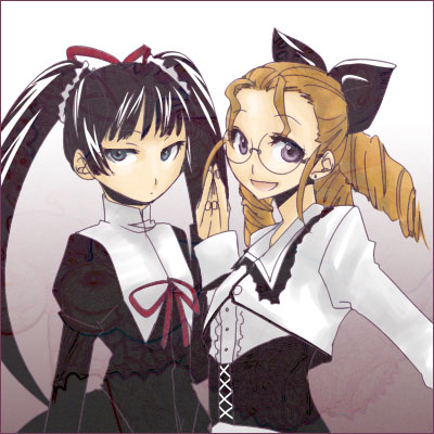 2girls, bk, black_hair, blonde_hair, bow, coyote_ragtime_show, curly_hair, drill_hair