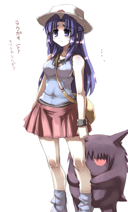 1girl, alternate_hairstyle, asakura_ryouko, blue_(pokemon), blue_(pokemon)_(cosplay), blue_eyes, blue_hair, casual