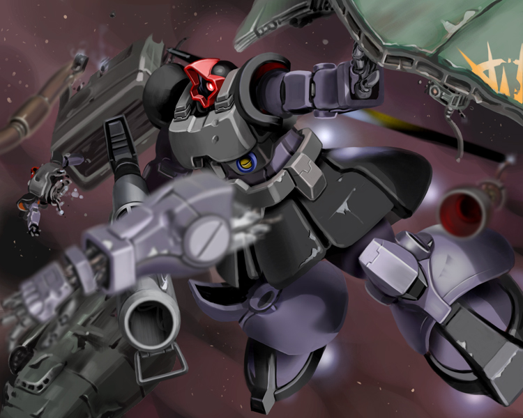 battle_damge, damage, damaged, dom, dorasu, gundam, mecha, mobile_suit_gundam, rick_dom, severed_limb, severed_limbs, solo, space, weapon