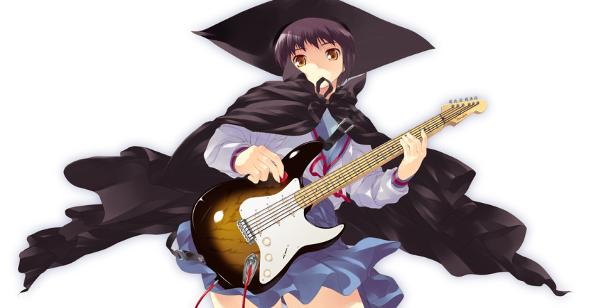 1girl, cape, cloak, electric_guitar, god_knows, guitar, hat, instrument