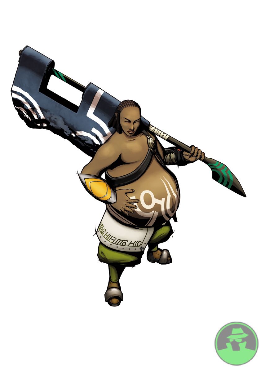 .hack//, 1boy, bandai, cyber_connect_2, dark_skin, fat, fat_man, grein, hack, simple_background, solo, watermark, weapon