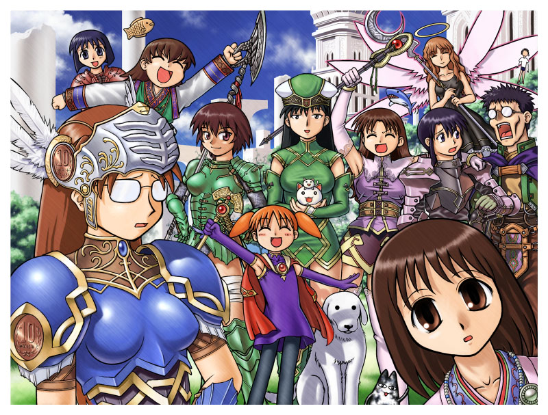1boy, 6+girls, aelia, aelia_(cosplay), azumanga_daioh, black_hair, blush, brown_eyes, brown_hair, child, cosplay, crossover, everyone, freya_(valkyrie_profile), freya_(valkyrie_profile)_(cosplay), glasses, halo, kagura, kagura_(azumanga_daiou), kaori_(azumanga_daiou), kasuga_ayumu, kimura, kimura's_wife, kurosawa_minamo, lenneth_valkyrie, lenneth_valkyrie_(cosplay), mihama_chiyo, mizuhara_koyomi, multiple_girls, orange_hair, sakaki, tadakichi-san, takino_tomo, tanizaki_yukari, valkyrie_profile, wings