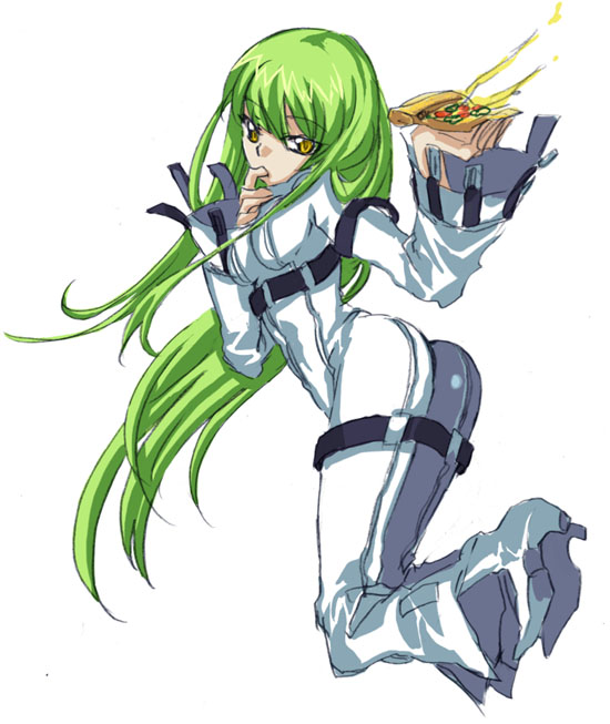 1girl, boots, c.c., code_geass, food, green_hair, oira, oira_(kagaribi)
