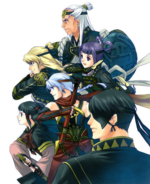 2girls, 4boys, armor, black_hair, dual_wielding, eyepatch, freyjadour_falenas, galleon