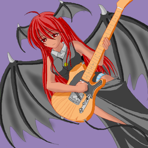 1girl, bat_wings, blue_panties, demon_girl, electric_guitar, female, guitar, head_wings, instrument, koakuma, lowres, panties, pantyshot, red_eyes, redhead, solo, striped, striped_panties, tele(guitar), the_embodiment_of_scarlet_devil, touhou, underwear, wings