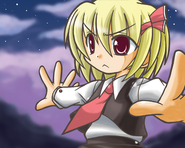 >:<, 1girl, :<, blonde_hair, child, closed_mouth, clouds, eyebrows