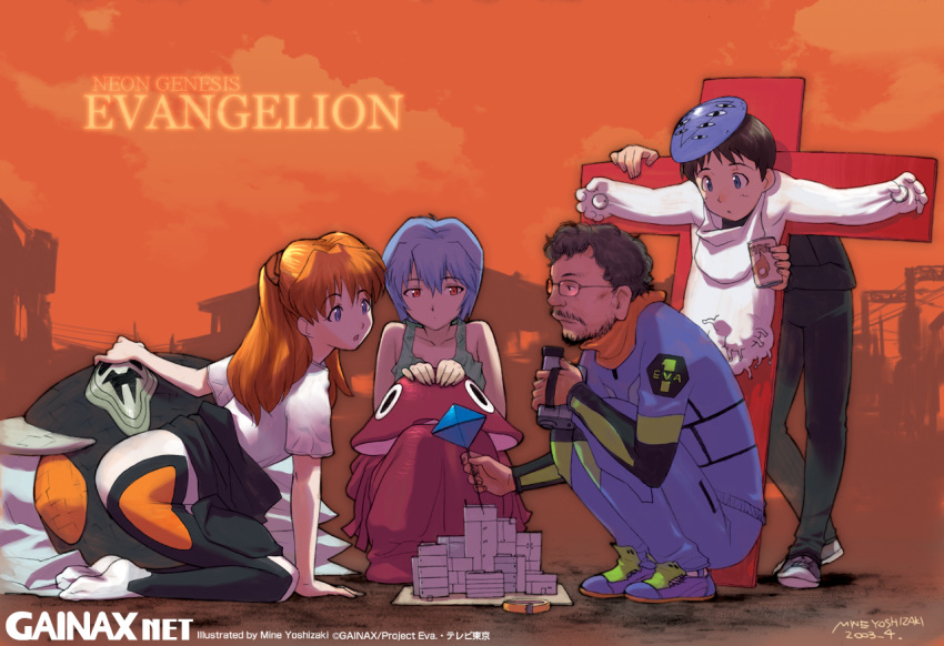 2boys, 2girls, angel_(evangelion), anno_hideaki, ayanami_rei, camcorder, cosplay, eva_01
