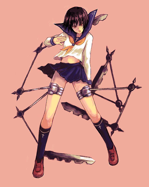 1girl, bob_cut, brown_hair, busou_renkin, footwear, kara_(color), kneehighs, midriff, nose_scar, red_eyes, scar, school_uniform, serafuku, short_hair, simple_background, socks, solo, tsumura_tokiko, valkyrie_skirt, weapon