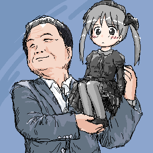 1boy, 1girl, blush, child, dress, flat_chest, formal, game_console, gothic_lolita, grey_hair, ken_kutaragi, kutaragi_ken, lolita_fashion, lowres, oekaki, pantyhose, parody, playstation_3, ps-tan, ps3-tan, smile, sony, suit, twintails, what