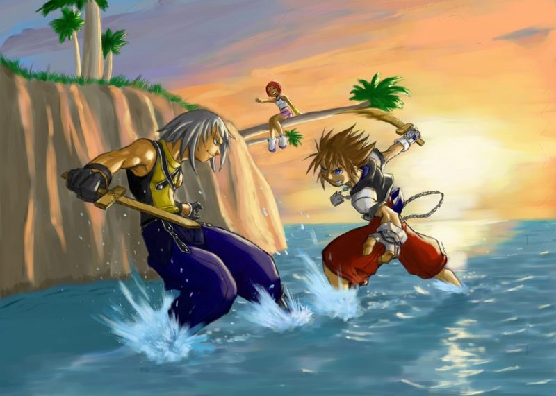 1girl, 2boys, black_gloves, brown_hair, gloves, grey_hair, gts, jewelry, kairi, kairi_(kingdom_hearts), kingdom_hearts, kingdom_hearts_i, multiple_boys, necklace, palm_tree, red_shorts, riku, shorts, slashing, sleeveless, smile, sora_(kingdom_hearts), sword, tree, wading, water, weapon, wooden_sword