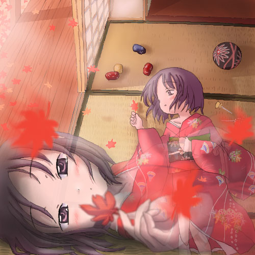 1girl, autumn_leaves, ball, cowboy_shot, hand_on_own_chest, japanese_clothes, kimono, kinutani_kanata