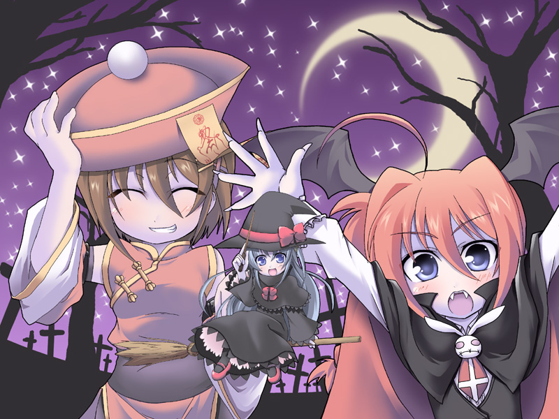3girls, aiai, broom, broom_riding, cosplay, fang, fangs, halloween
