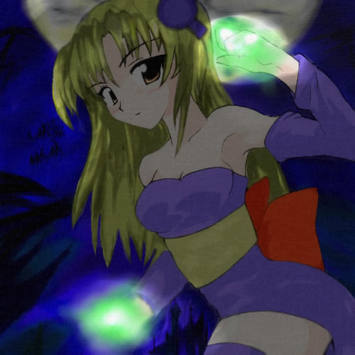 1girl, ayane_(cosplay), ayane_(doa), ayane_(doa)_(cosplay), blonde_hair, blush, broccoli_(company), cosplay, crossover, dead_or_alive, galaxy_angel, hair_ornament, hairclip, long_hair, lowres, oekaki, ranpha_franboise, solo, tecmo, thigh-highs