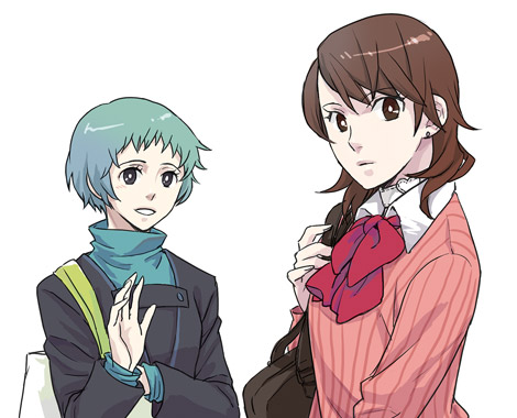 2girls, aqua_hair, atlus, bag, blue_hair, brown_hair, cardigan, choker