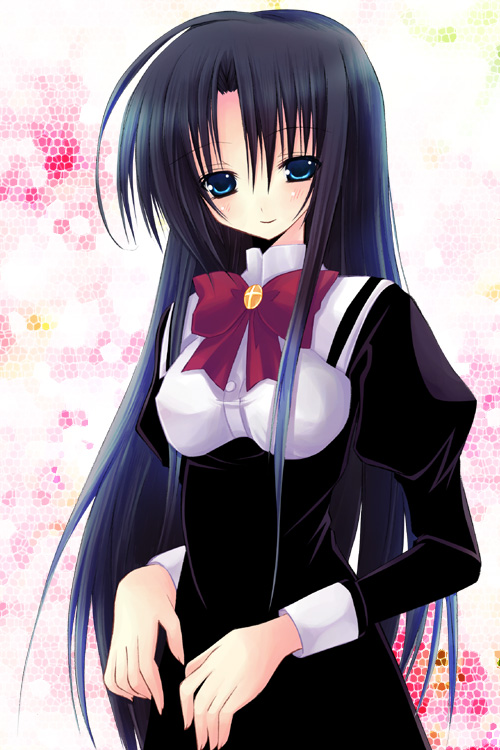 1girl, black_dress, black_hair, blue_eyes, blush, bow, bowtie, breasts