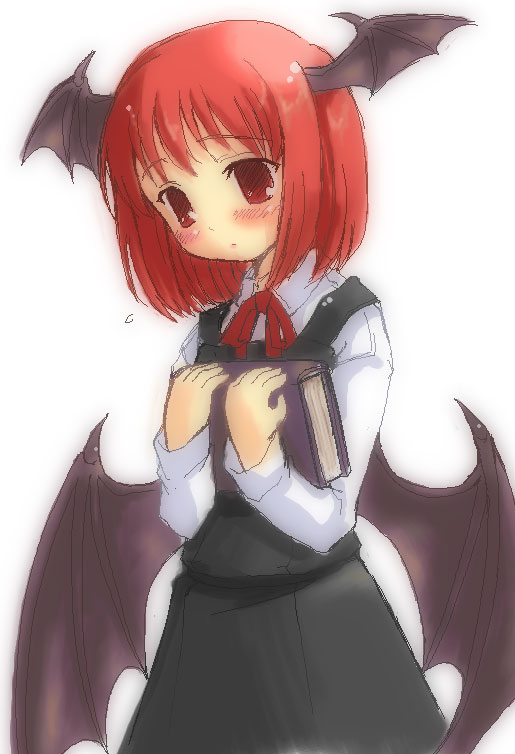 1girl, bat_wings, book, female, head_wings, holding, holding_book, koakuma, oekaki, solo, the_embodiment_of_scarlet_devil, tilm, touhou, white_background, wings