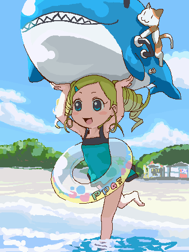 1girl, :3, barefoot, beach, bubble, cartoon_network, casual_one-piece_swimsuit, cat, child, feet, furi, goutokuji_miyako, inflatable_raft, innertube, oekaki, one-piece_swimsuit, powerpuff_girls, powerpuff_girls_z, rolling_bubbles, running, solo, swimsuit, wading, water
