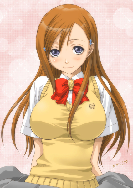 1girl, bleach, blush, bowtie, breasts, closed_mouth, grey_eyes, hair_ornament