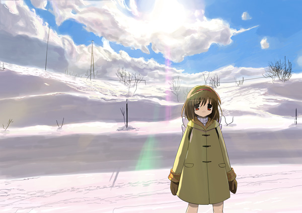 1girl, 96, bare_bush, clouds, coat, hairband, kanon, lens_flare