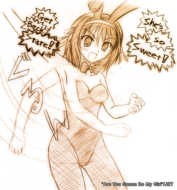 1girl, animal_ears, bunnysuit, fishnet_pantyhose, fishnets, kusaka_maichi, monochrome, orange_(color)