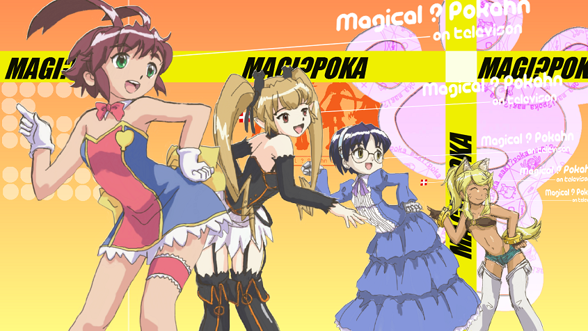 4girls, ^_^, aiko_(renkin_san-kyuu_magical_pokaan), animal_ears, artist_request, bangs, bare_shoulders, blonde_hair